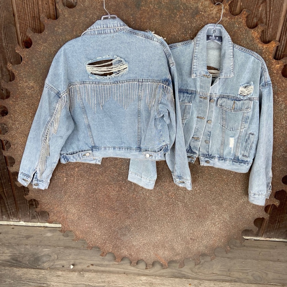 Distressed Denim Jackets with Rhinestone Fringe